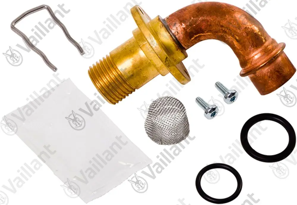 Vaillant Winkelverschraubung aus Kupfer und Messing mit Zubehör wie Schrauben, Dichtungen und einem Edelstahlsieb, zur Verbindung von Rohrleitungen.